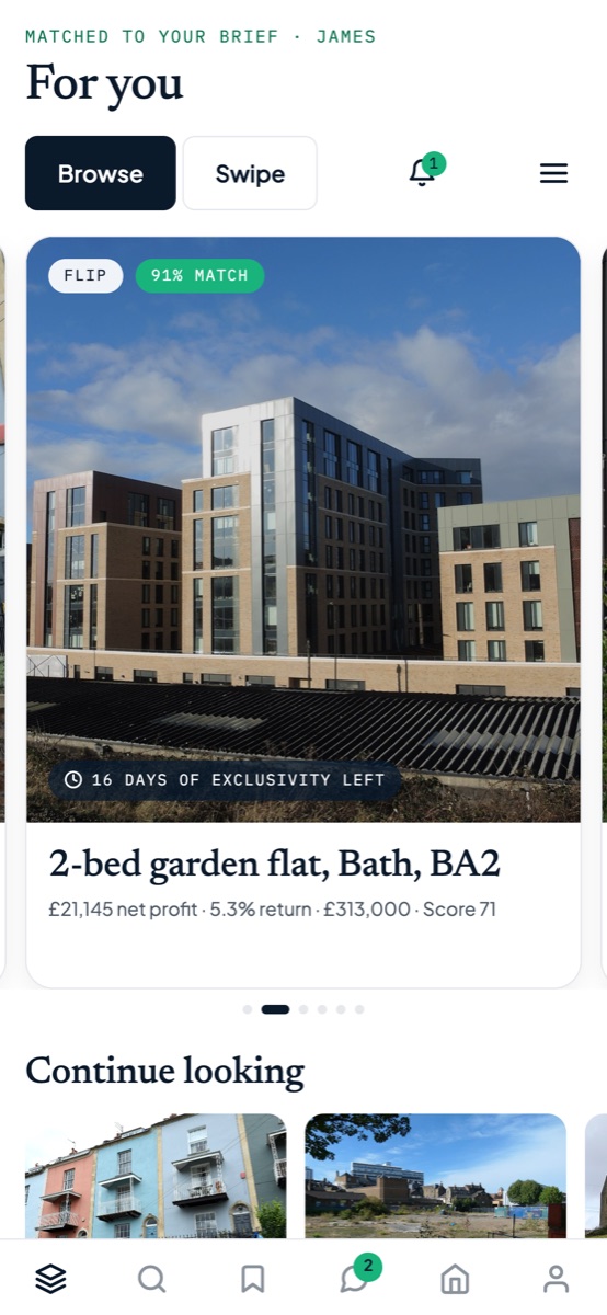 The DealSold feed: deals matched to your brief, with the photo, net profit, return and Deal Score on each card