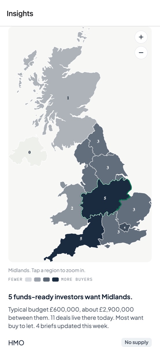 Demand map of the UK shaded by funds-ready investors per region