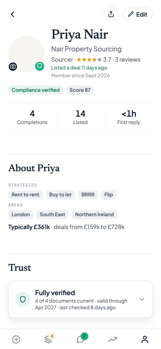 A sourcer profile with compliance verified, score, reviews and completions