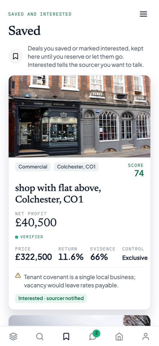 Saved deals with net profit, return, evidence and control